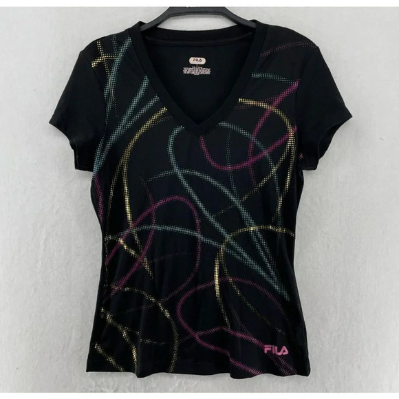 Fila Tops - Fila Sport T-Shirt Womens Sz Small Black Colorful Swirl Pattern Short Sleeve
